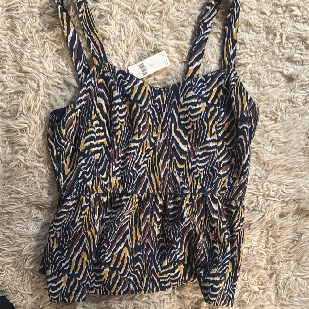 Anthropologie Blue and Gold Fitted Ruched Tank Top